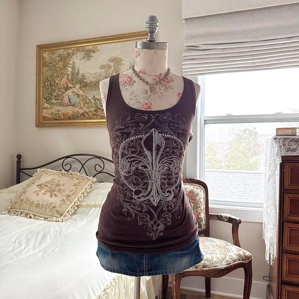 Y2K zona libre brown‎ fleur de lis rhinestone tank top size xl
